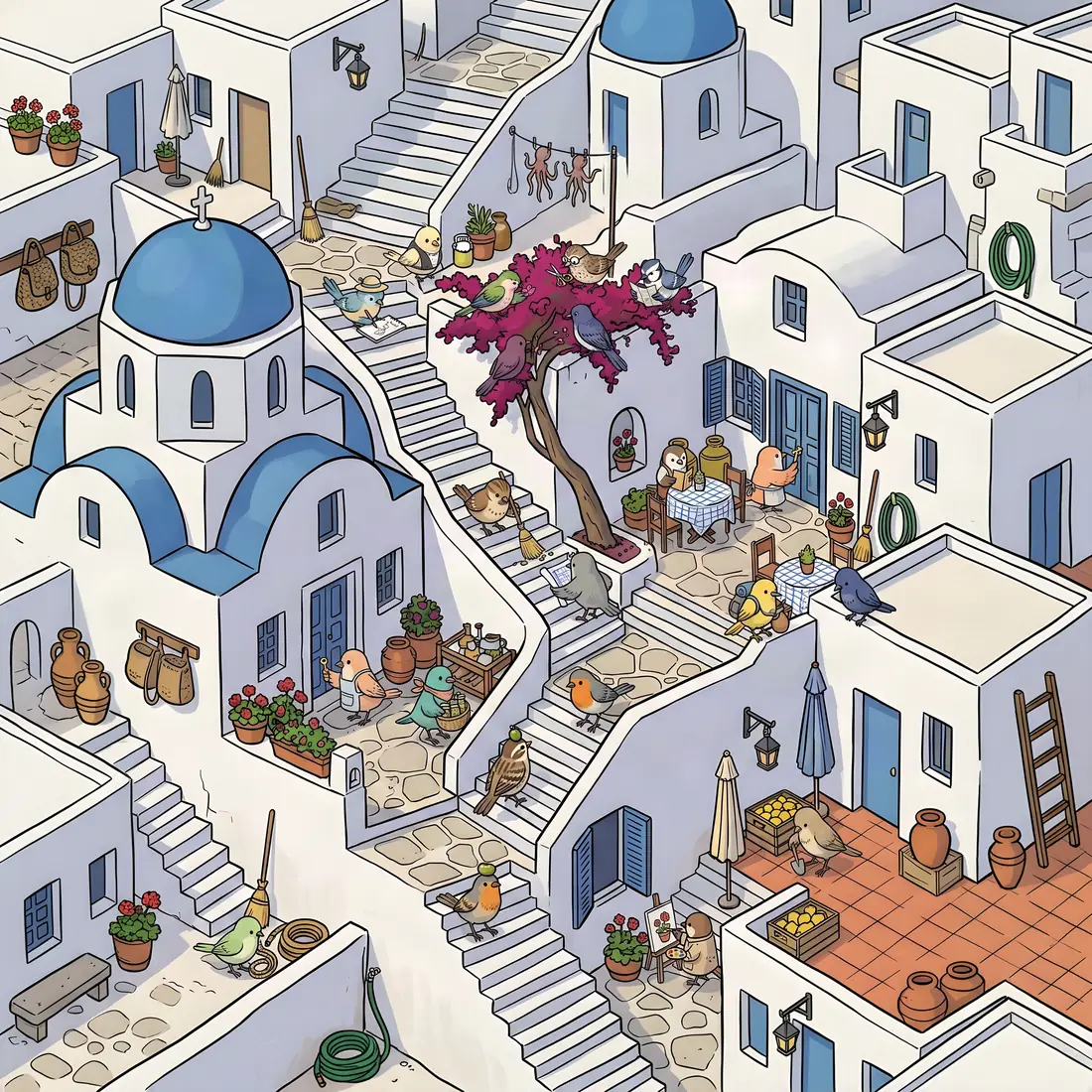 Find The Bird: birds hidden on the steps of Santorini