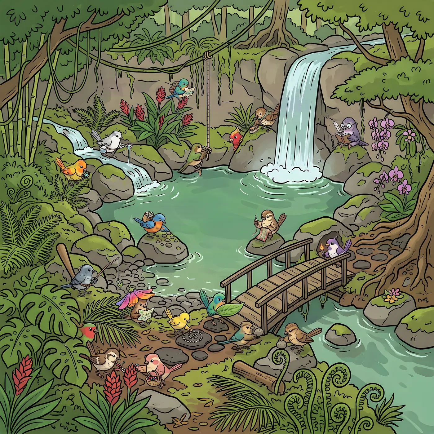 A Find The Bird level: birds hidden around a rainforest waterfall