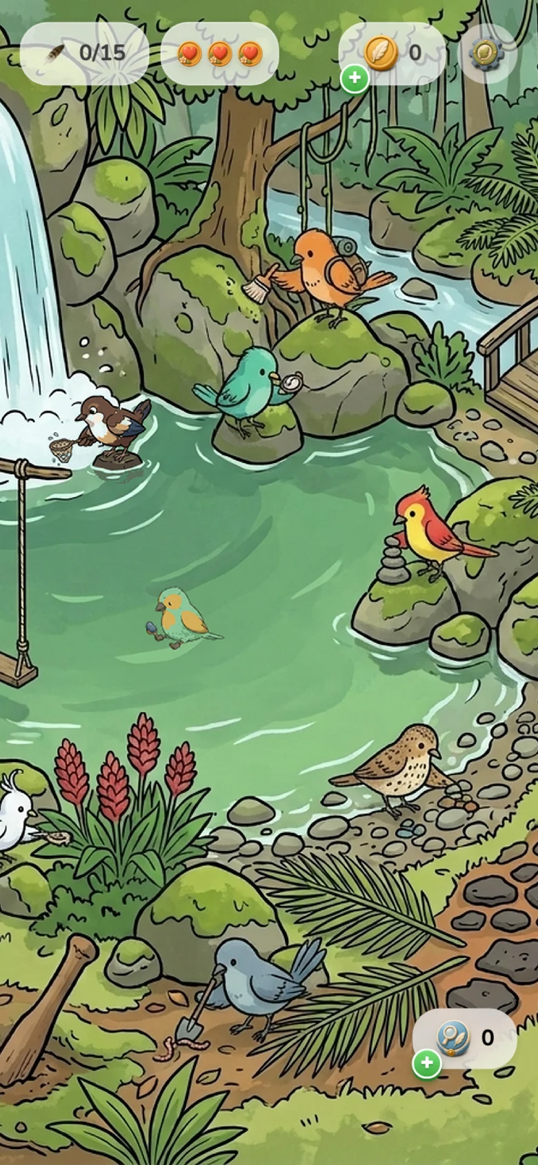 Birds hidden throughout an illustrated waterfall level in Find The Bird