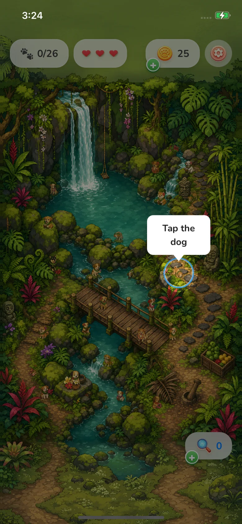 Dogs hidden throughout an illustrated jungle level in Find the Dog